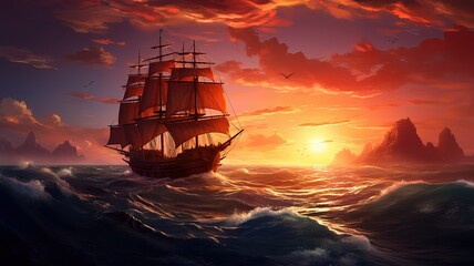 Obraz premium art illustration of big ancient pirate ship sailing on rough sea, Generative Ai