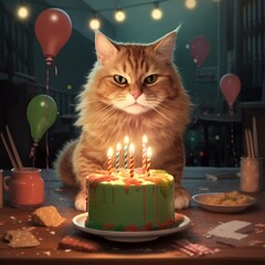 cat's birthday, cute cat with cake, AI generative