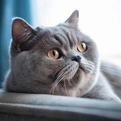 Profile portrait of a gray Exotic Shorthair cat lying on a sofa at home. Closeup face of a beautiful Exotic Shorthair cat on a blurred background. Portrait of blue cat with fluffy fur beside a window.