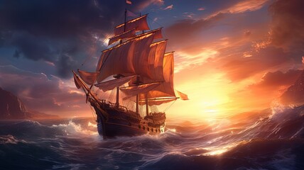 Obraz premium art illustration of big ancient pirate ship sailing on rough sea, Generative Ai