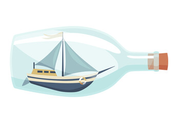 Ships in bottle. Glass with object inside. Miniature model of marine vessel. Hobby craft work and sea theme. Decorative marine souvenir, sailing craft