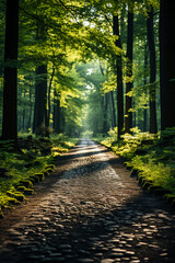 Summer, The sun shines brightly, Forest path. AI generative