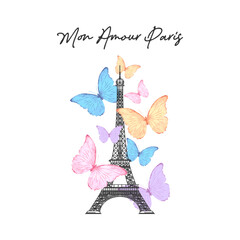 Watercolor colorful butterflies with eiffel tower illustration, inspirational quote, vector illustration for fashion, card, poster, wall art designs