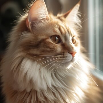 Portrait of a brown Norwegian Forest Cat sitting in light room beside a window. Closeup face of a beautiful Norwegian Forest Cat at home. Portrait of cute cat with reddish fur looking outside a window