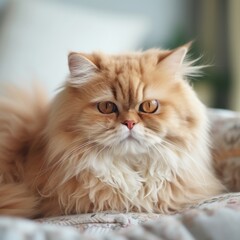 Portrait of a red Persian cat lying on a sofa in a light room. Closeup face of a beautiful Persian cat at home. Portrait of a red Persian cat with thick fur looking at the camera.