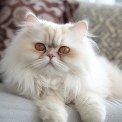 Portrait of a cream Persian cat lying on a sofa in a light room. Closeup face of a beautiful Persian cat at home. Portrait of a cream Persian cat with thick fur looking at the camera.