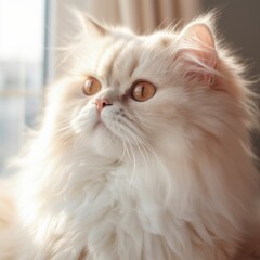 Profile portrait of a cream Persian cat at home. Closeup face of a beautiful Persian cat on a blurred background. Portrait of a  cream Persian cat with thick fur beside a window. AI generated.