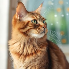 Profile portrait of a red Somali cat sitting beside a window in a light room with blurred background. Closeup face of a beautiful Somali cat at home. Portrait of ginger Somali cat with puffy ruddy fur