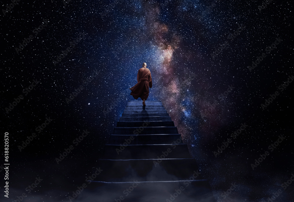 Wall mural monk observing the universe at the end of the stairs. ai generative