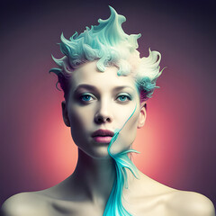 Illustration created by AI generator of a female figure, with ice cream hair, very detailed. It's not the person