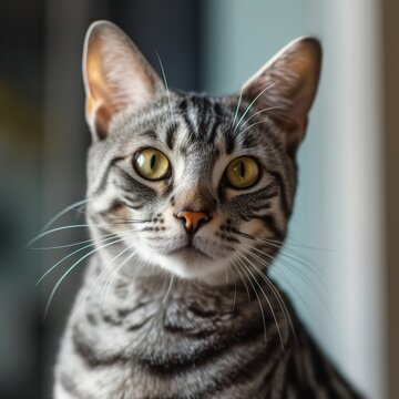 Portrait of an Egyptian Mau cat sitting in a light room beside a window. Closeup face of a beautiful Egyptian Mau cat at home. Portrait of a tabby Egyptian Mau cat with sleek fur looking at the camera