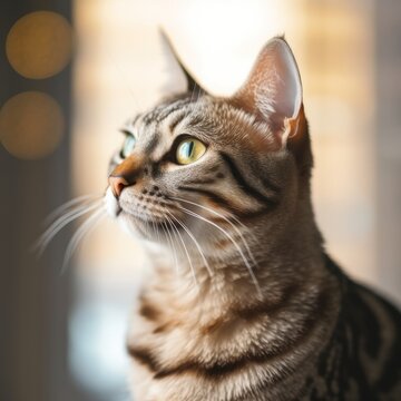 Portrait of an Egyptian Mau cat sitting in a light room beside a window. Closeup face of a beautiful Egyptian Mau cat at home. Portrait of a cute tabby cat with sleek fur looking outside the window.