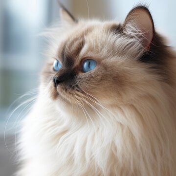 Portrait of a blue point Himalayan cat sitting in a light a room beside a window. Closeup face of a beautiful Himalayan cat at home. Portrait of cat with blue eyes and fluffy fur looking out a window.