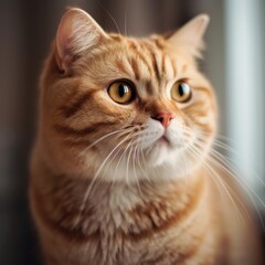 Portrait of a red Scottish Fold cat sitting in a light room beside a window. Closeup face of a beautiful Scottish Fold cat at home. Portrait of a cute cat with ginger fur looking outside the window.