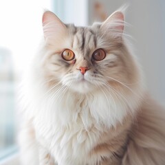 Fototapeta premium Portrait of a cream Ragamuffin cat sitting in light room beside a window. Closeup face of a beautiful Ragamuffin cat at home. Portrait of cute cream Ragamuffin cat with puffy fur looking at the camera