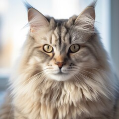 Naklejka na ściany i meble Portrait of a lynx point Ragamuffin cat sitting in a light room beside a window. Closeup face of a beautiful Ragamuffin cat at home. Portrait of a cute cat with light gray fur looking at the camera.