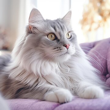 Profile portrait of a lilac point Ragamuffin cat lying on a sofa at home. Closeup face of a beautiful Ragamuffin cat on a blurred background. Portrait of a cute cat with thick gray fur beside a window