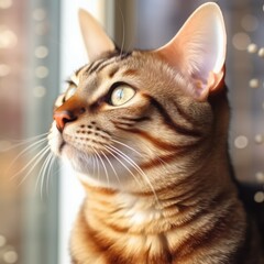 Portrait of a red Toyger cat sitting in a light room beside a window. Closeup face of a beautiful Toyger cat at home. Portrait of a cute tabby Toyger cat with striped ginger fur looking out the window