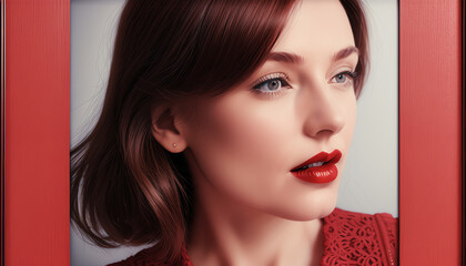 illustrazione Generative Ai ritratto primo piano di volto di giovane donna, capelli mossi e sciolti, labbra rosse, incorniciato