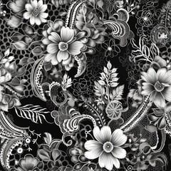 Obraz premium A Continuous Repeating Tile Pattern with a Black and White Floral Lace Design | Generative AI