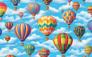 Numerous brilliantly designed hot air balloons, displaying a vibrant spectrum of colors, float majestically above the clouds.   Generative AI