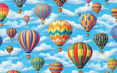 Crédence de cuisine en verre imprimé Montgolfière Numerous brilliantly designed hot air balloons, displaying a vibrant spectrum of colors, float majestically above the clouds.   Generative AI