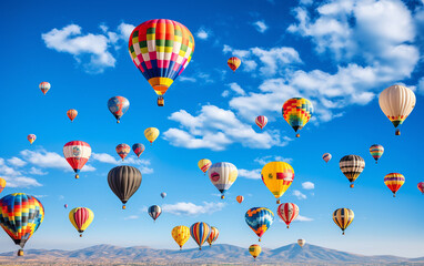 A profusion of brilliantly hued hot air balloons drifts through the sky, surpassing the cloud layer.   Generative AI