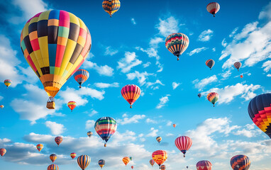 Fototapeta premium A plethora of exquisitely designed hot air balloons, featuring a vibrant array of colors, can be seen soaring above the clouds. Generative AI