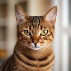 Naklejka premium Portrait of a brown Savannah cat sitting in a light room beside a window. Closeup face of a beautiful Savannah cat at home. Portrait of a tabby Savannah cat with sleek fur looking at the camera.