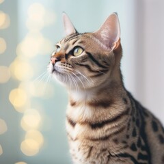 Portrait of a spotted Savannah cat sitting in a light room beside a window. Closeup face of a beautiful Savannah cat at home. Portrait of a tabby Savannah cat with sleek fur looking outside a window.