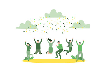 Flat Vector Illustration Friends Birthday Party, Business Success Congratulation. Team of Young People Tossing Up in Air Man with Confetti Flying Around. People Celebrating Victory Achievement.