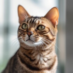 Obraz premium Portrait of a red Ocicat cat sitting in a light a room beside a window. Closeup face of a beautiful striped Ocicat cat at home. Portrait of a tabby chocolate Ocicat cat with sleek fur looking up.