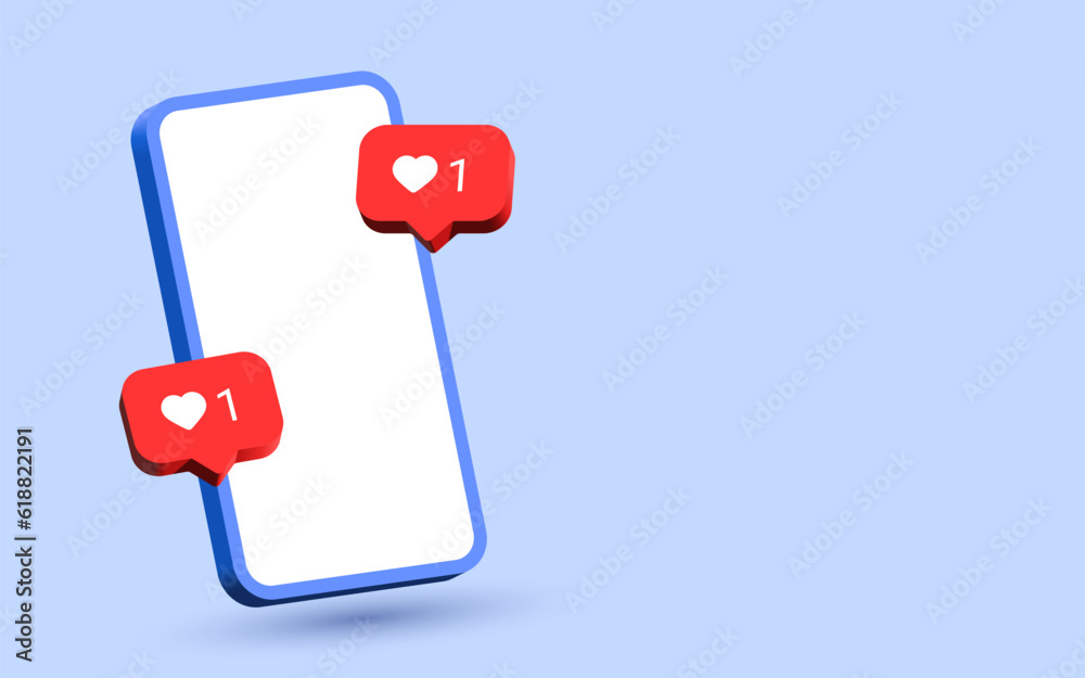 Aufkleber Mobile phone with heart in 3d speech bubble icon. social media background, like notification icons - 3d modern Empty screen smartphone. digital marketing. 3d rendering. vector illustration