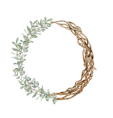 Winter wreath with dry branches, Holly and Red Berries. Watercolor hand drawn illustration for invitations, greeting cards, prints, packaging and more. Merry christmas and happy new year.