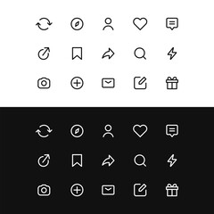 Web icon set. mobile app icons , like, comment, share, save, icon -edit, plus, add, new, camera, refresh, search, magnifying glass, website, icon - chat, message, envelope contact us icons