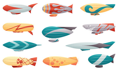 Zeppelin. Passenger airships set. Bright colored cigar shaped balloons or retro zeppelin with stripes cabins for people elongated. Huge balloons with helium for free travel tourism.  cartoon art © designer_things