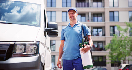 Naklejka premium Confident Pest Control Worker Wearing Cap Against