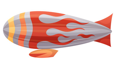 Zeppelin passenger airship. Bright colored cigar shaped balloon or retro zeppelin with stripes cabin for people elongated. Huge balloon with helium for free travel tourism.  cartoon art © designer_things