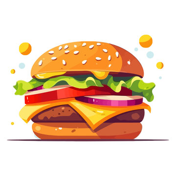 Cute burger. Image of a cheeseburger. Appetizing hamburger in flat style.