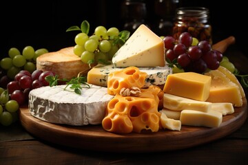Different types of delicious cheese on table. Generative AI