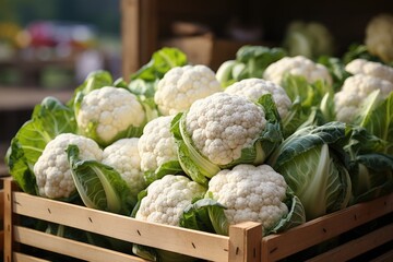 Fresh raw organic cauliflower with leaves. Generative AI