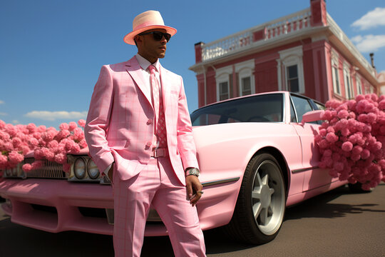 Happy funny young man in pink suit having fun on pastel pink background with a pink car. The boy or man in pink suit, suspenders, bow tie and sneakers is proude of his pride car.