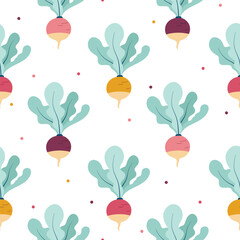 Colorful radishes with polka dots cute seamless pattern. Vector hand drawn illustration. Fun vegetable theme background for wrapping paper, packaging, gift, fabric, wallpaper, textile, apparel.