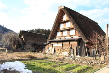 Fototapeta na wymiar 世界遺産, 日本の原風景・白川郷。茅葺屋根の並ぶ村 