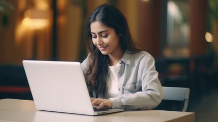Young woman student study in the school library. She using laptop and learning online, Generative AI