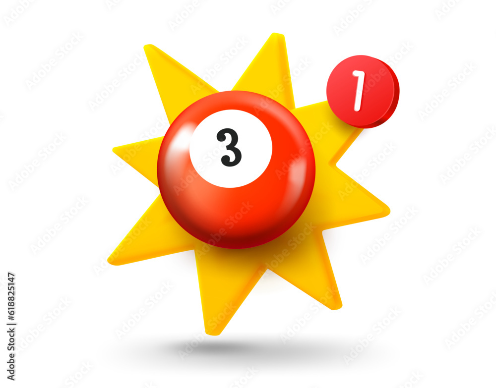 Poster Billiard ball with explosion effect. 3d vector mobile application icon with notification