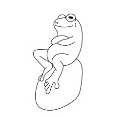 Vector isolated one single cute cartoon frog sitting on a stone colorless black and white contour line easy drawing