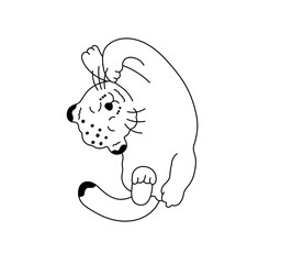 Vector isolated one single cute cartoon lying baby cheetah cub kitten in funny pose colorless black and white contour line easy drawing