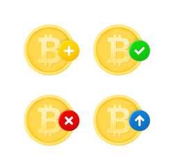 Bitcoin coin set with different pictograms. 3d vector icons set