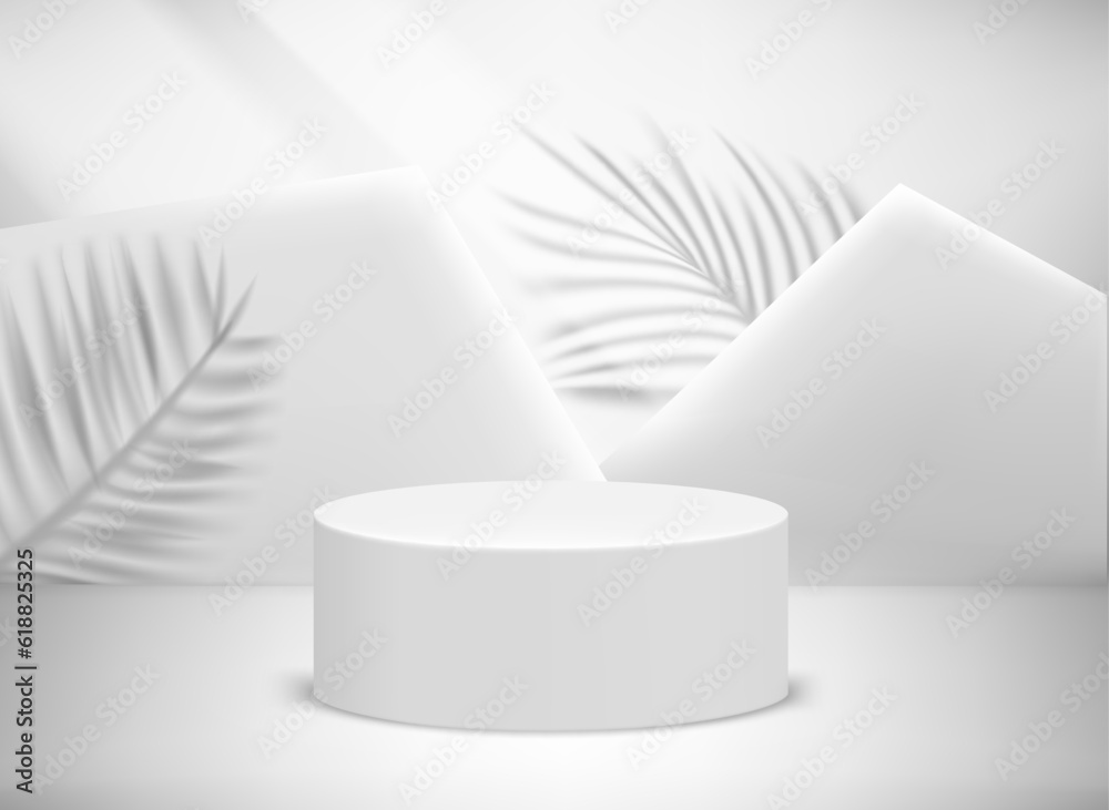 Poster bright studio with sun flare and shadows of plants. 3d vector illusration